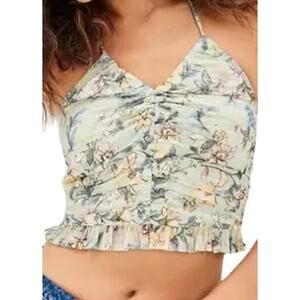 American Eagle Floral Cinched Tank Top Ruffle Ruched V Neck Green Small